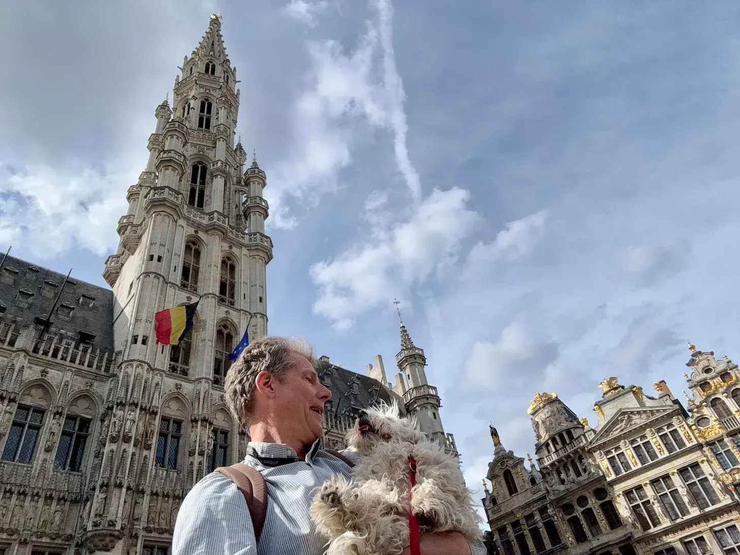The tower of Brussels City Hall in the city’s historic Grand Place