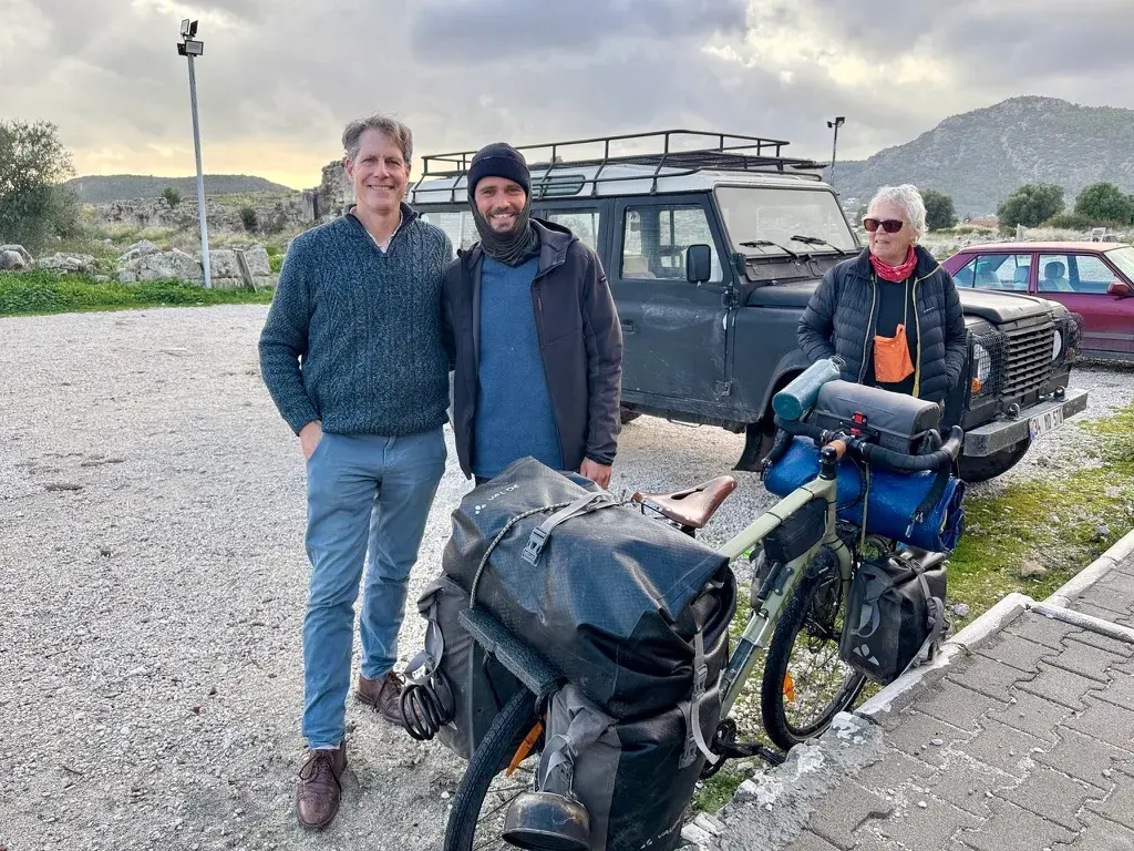 L to R: Hugh Who Walks, Pierre Qui Roule, Kate Who Trailblazes … a chance meeting of like-minded souls in the ancient Lycian ruins of Xanthos in Turkey