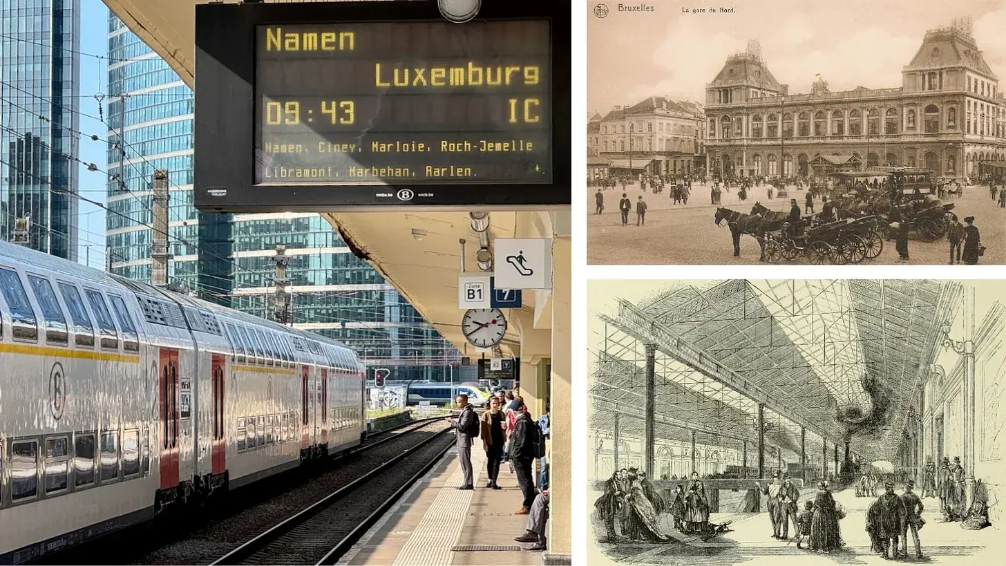 The present and past of Brussels-North Station. Photo left by Hugh Pope, postcards top right c. 1910 and bottom right c. 1884 from wikicommons.