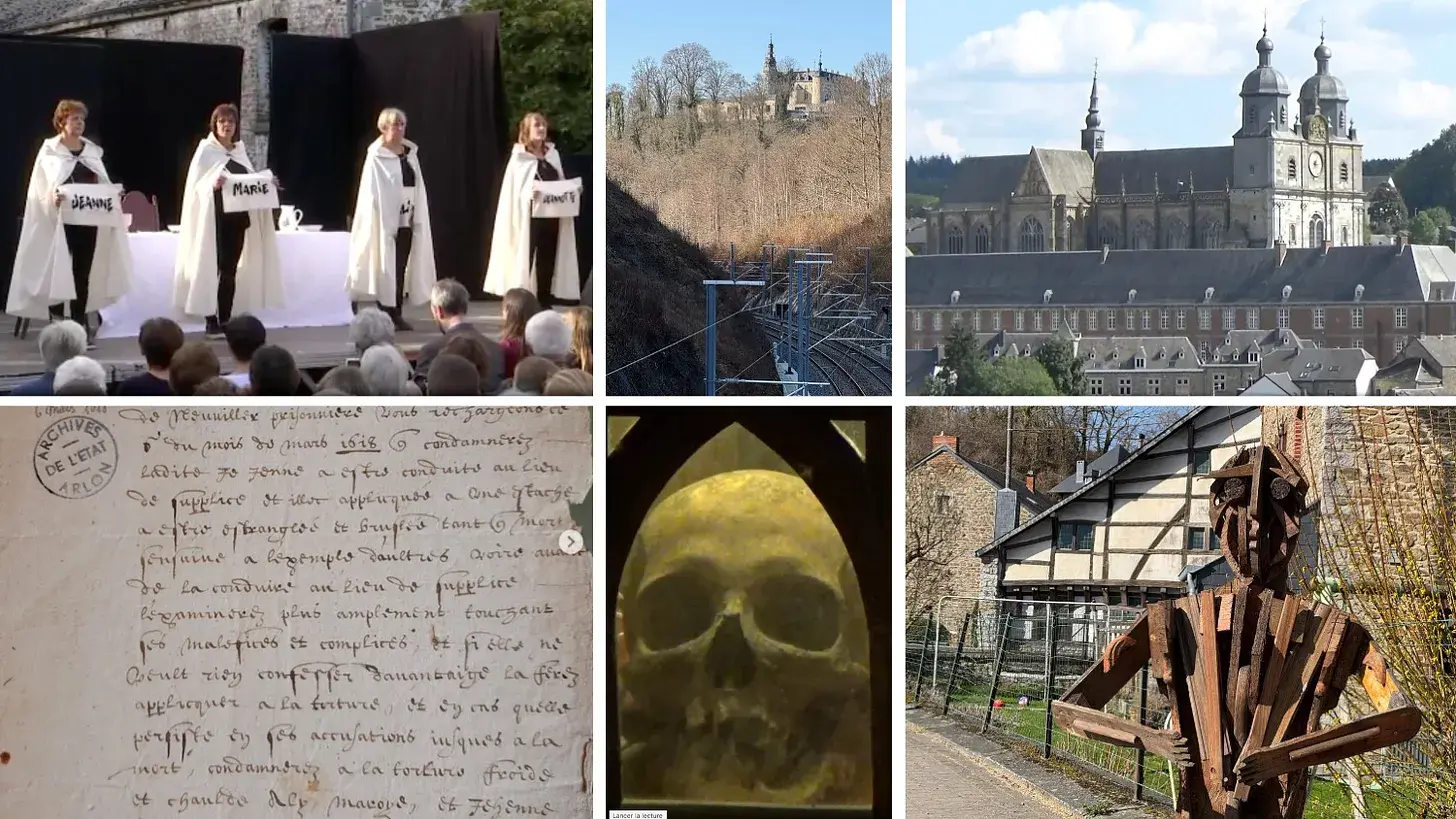 From top left clockwise: a re-enactment of the trial of the Jamin sisters in Grupont; Mirwart castle where they were tortured; the abbey of St Hubert, whose abbott Nicolas de Fanson diligently prosecu