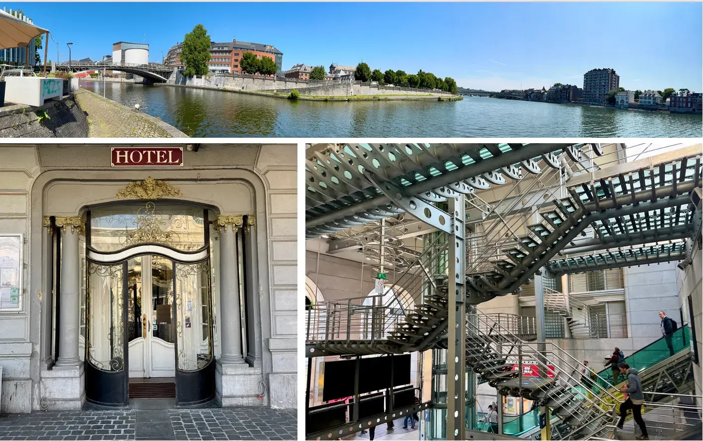 Clockwise from top: the confluence of the Sambre and the Meuse in Namur; photogenic stairs in Namur railway station; an Art Nouveau hotel entrance